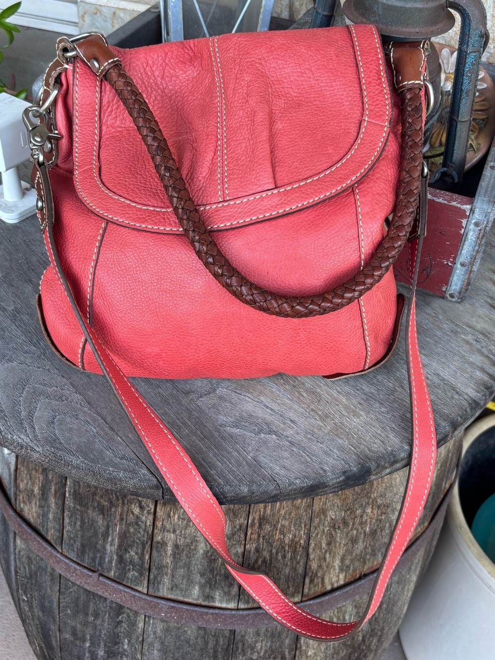 Fossil Coral Leather Crossbody Bag with Braided Handle